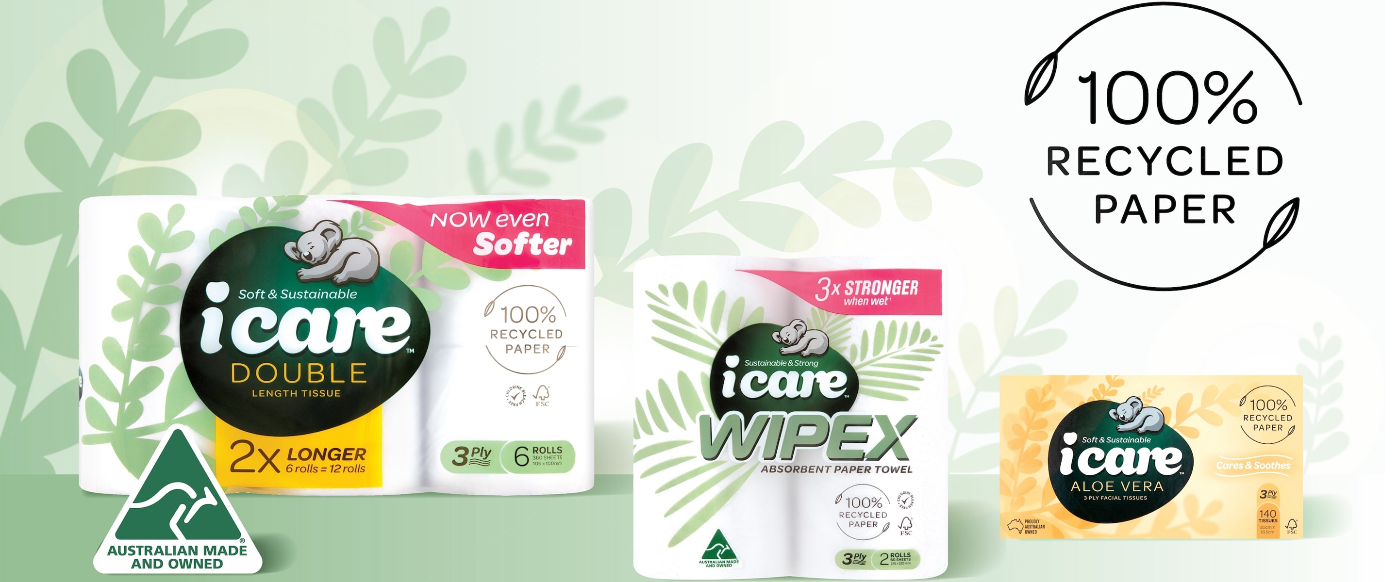 icare double length tissue, wipex paper towel, and aloe vera facial tissues